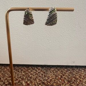 Silver tone open drop hoop green rhinestone earrings engraved swirl design